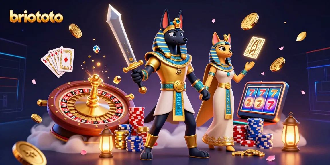 Briototo players enjoy ancient Egyptian-themed slots with Anubis and Bastet in dynamic casino illustration