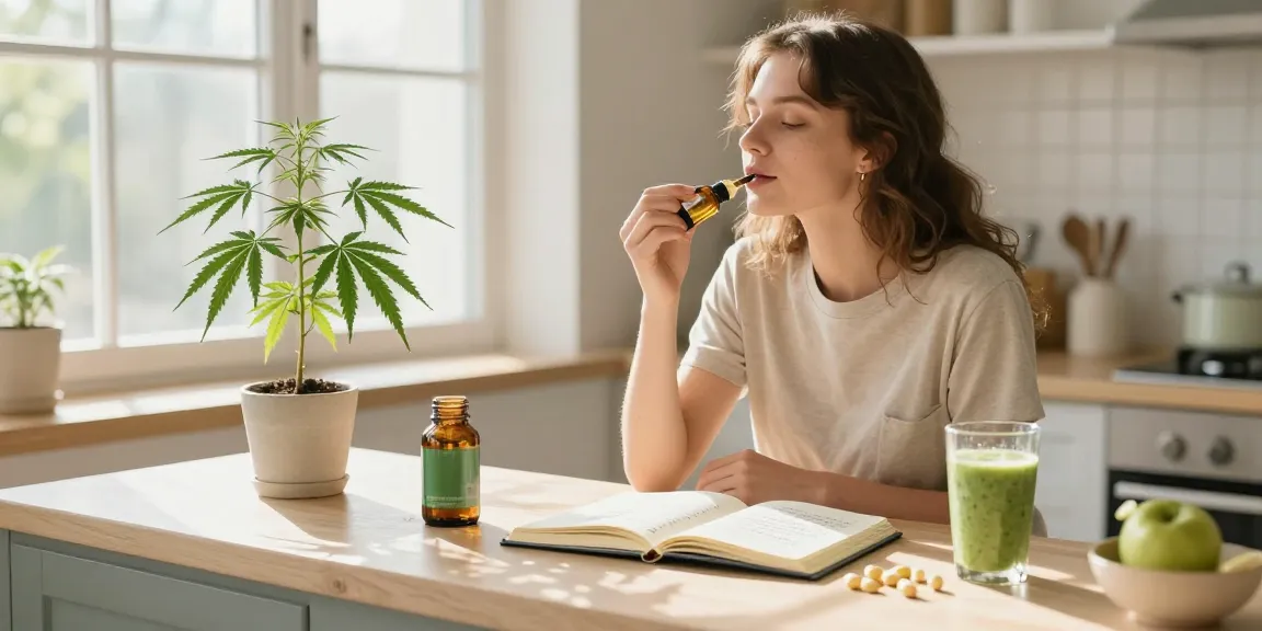Legal vaping age in Cyprus image showing a young woman with CBD oil tincture in a sunny kitchen, emphasizing natural wellness and organic lifestyle