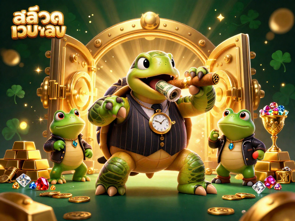Engage with สล็อตเว็บตรง opportunities in a vibrant casino scene featuring a snapping turtle and bullfrogs.