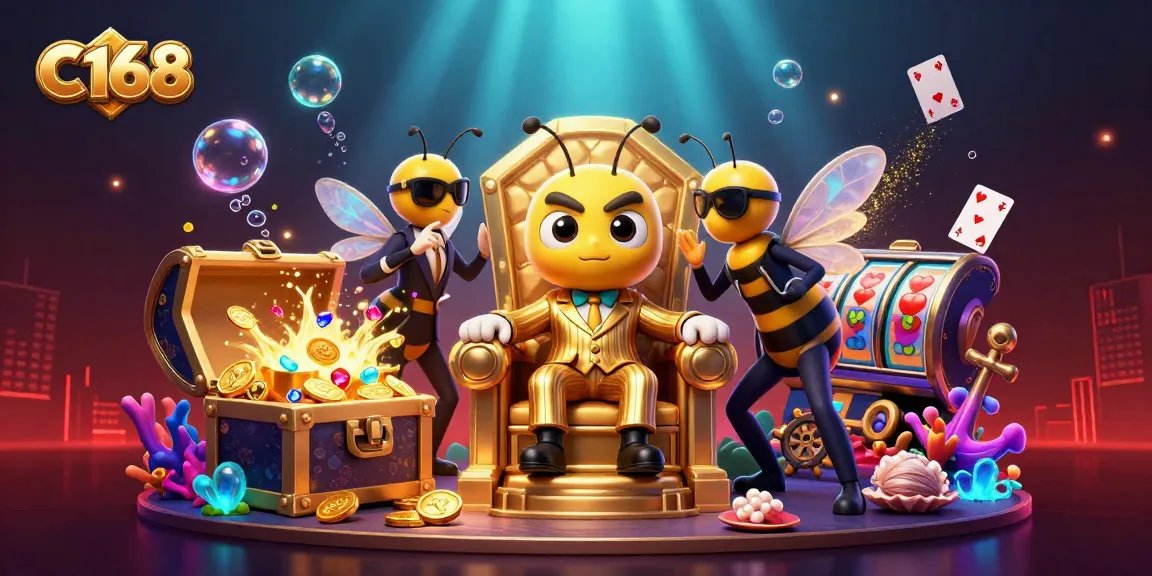 Play exciting games at C168, featuring a cartoon boss and glamorous casino elements.