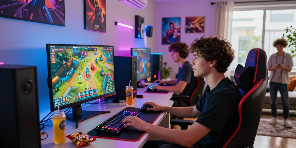Youth engaging in Sunwin card games in a vibrant gaming setup with colorful LEDs.