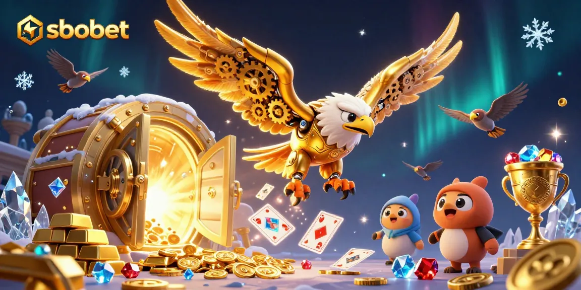 Experience thrilling sbobet action as a cybernetic eagle dives through playing cards, surrounded by treasures.
