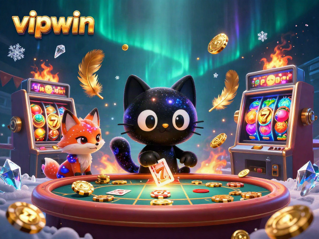 Engage with vipwin at a cosmic casino featuring a black hole cat and a nebula fox.