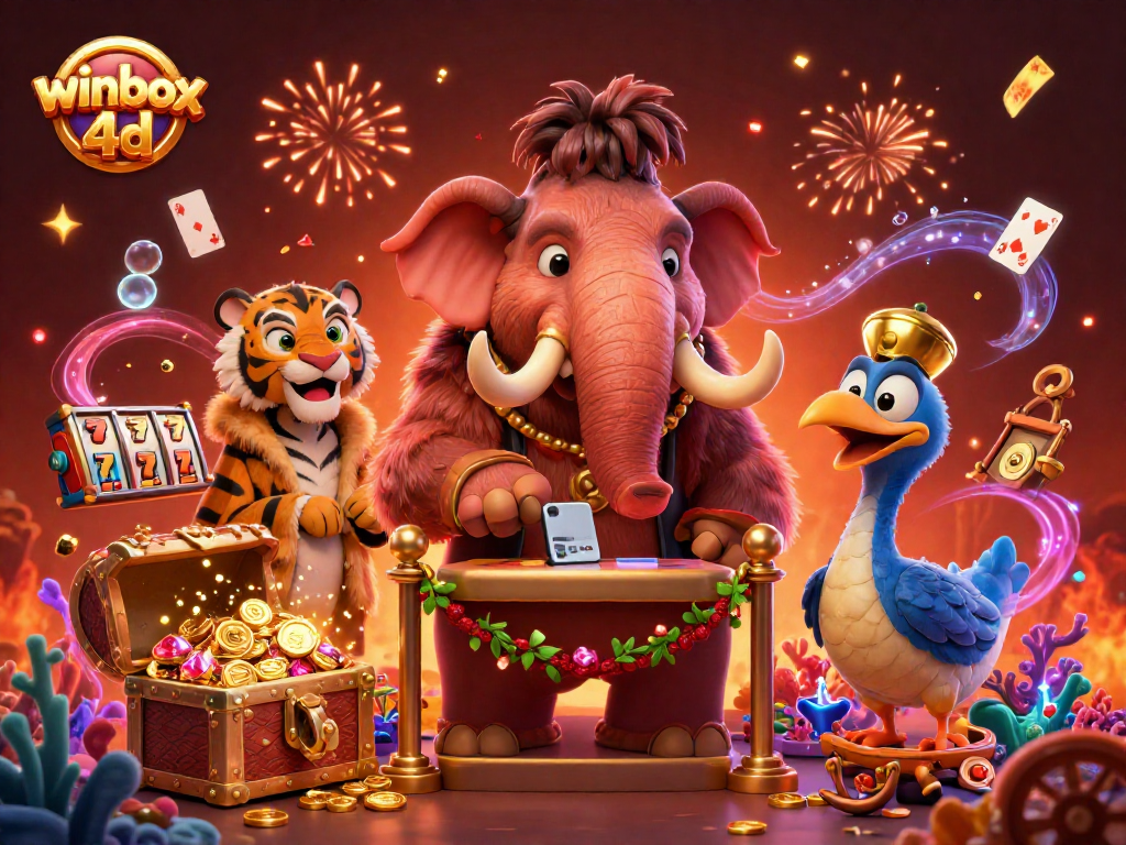 Join the fun at winbox 4d with a vibrant scene of a casino bouncer, VIP guests, and slot reels.