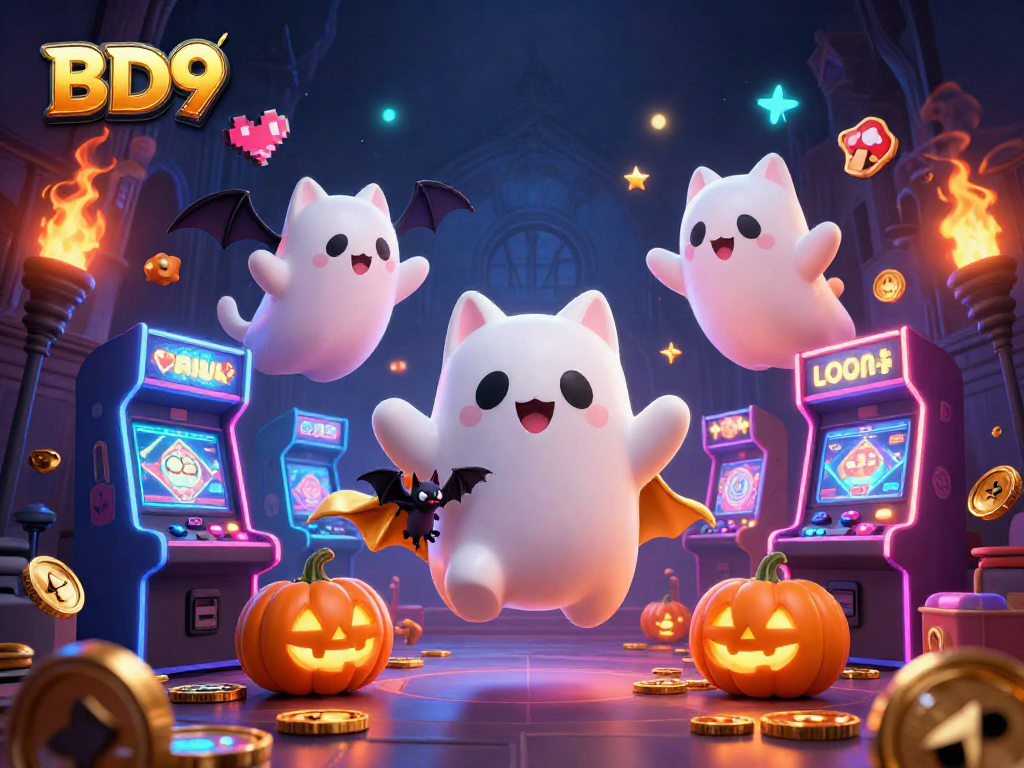 Experience thrilling gaming at BD9 with a ghost cat and vampire bat in a haunted casino setup.