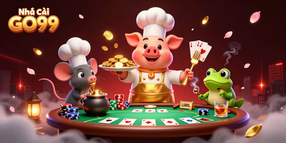 Engage with Nhà cái GO99 as a chef pig serves gold coins on a vibrant casino-themed illustration.