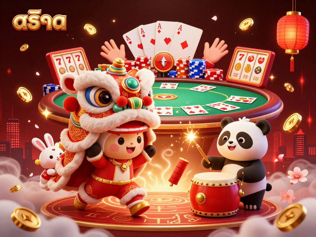 Engage with สล็อต in a festive casino scene featuring vibrant characters, slot reels, and dynamic colors.