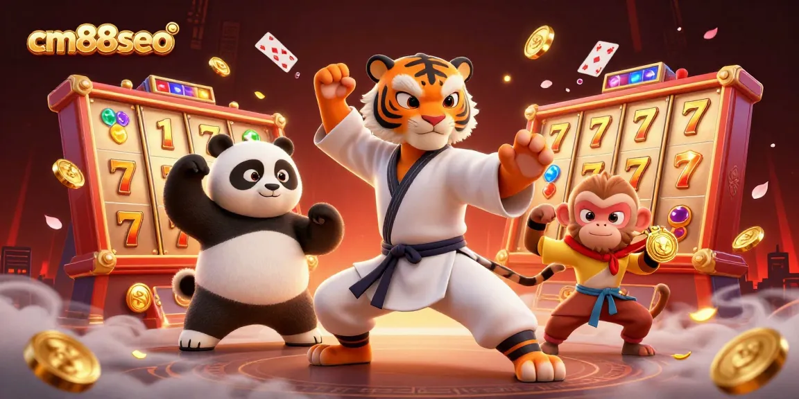cm88seo showcases a thrilling casino scene with a kung fu tiger and panda, enriched with slot reels and golden coins.