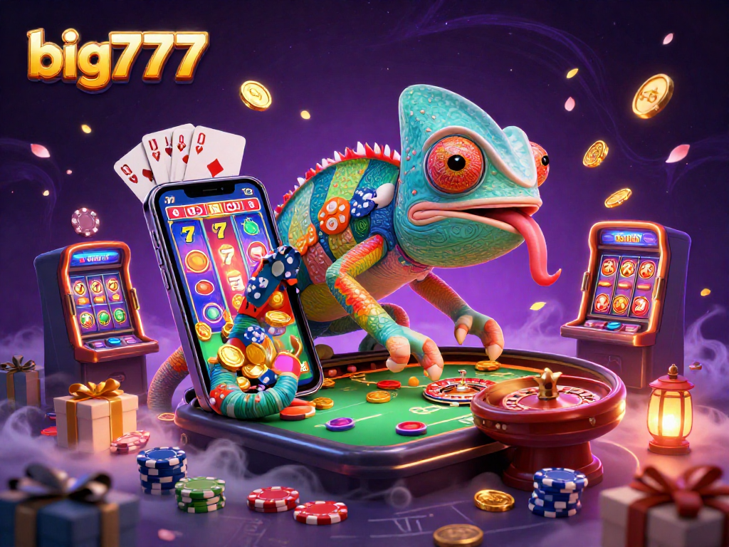 Spin the reels on big777 with a vibrant chameleon casino owner and golden coins flying around