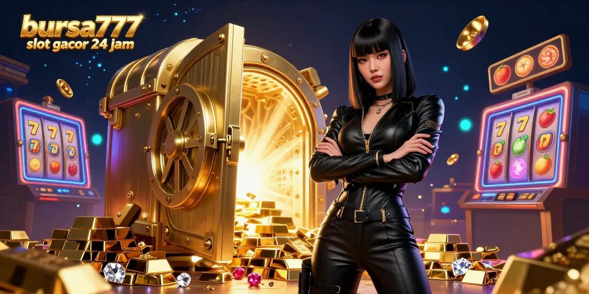Bursa777 slot gacor 24 jam scene showcasing thrilling jackpot reels and gold treasures surrounding a glamorous woman in a casino.