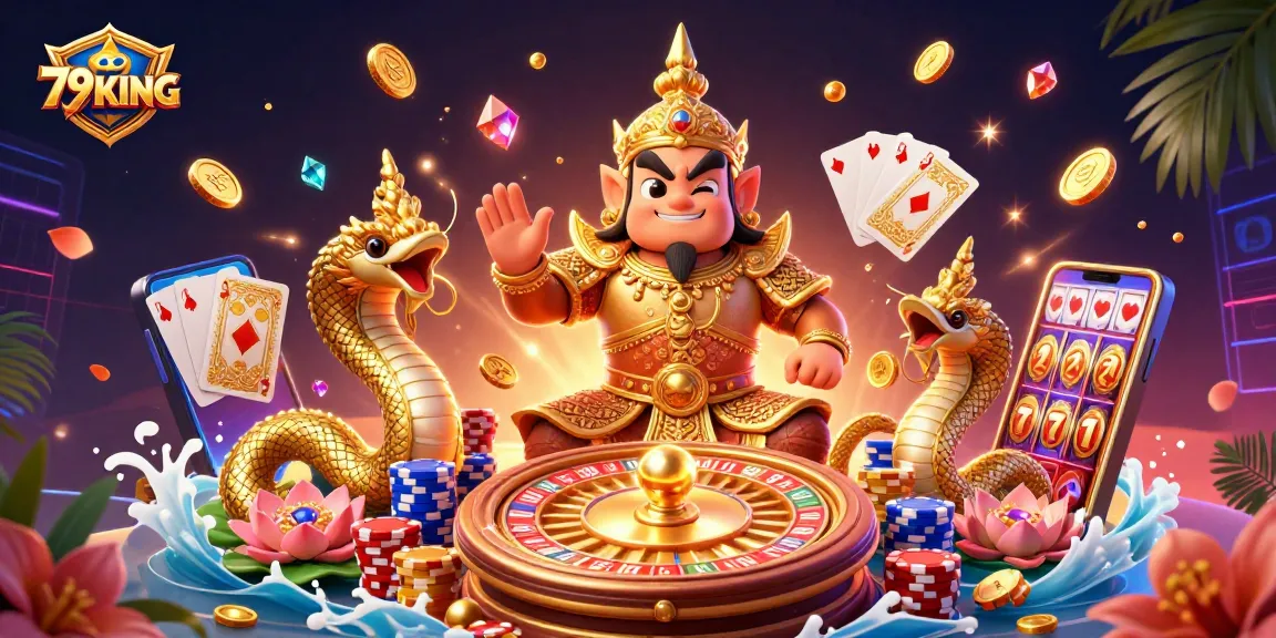 Experience thrilling 79KING action with friendly temple guardian in a dynamic casino scene.