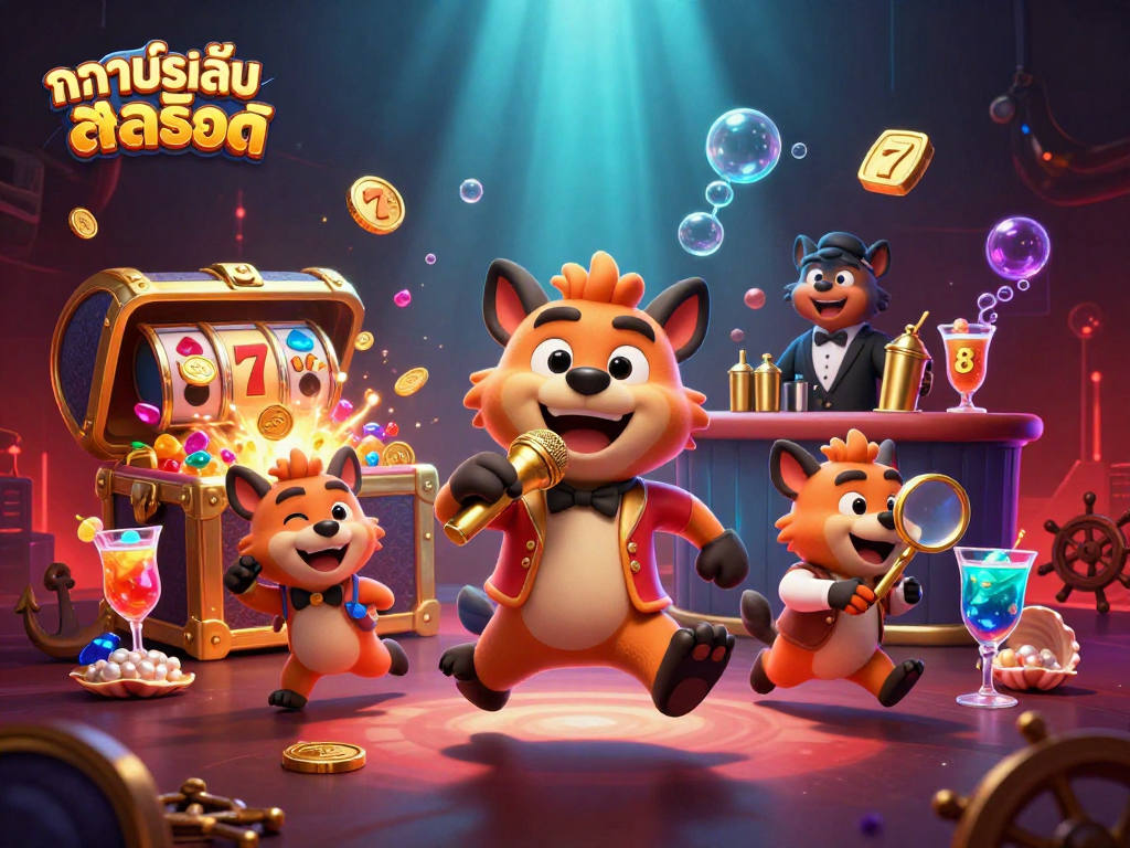 Experience ทดลองเล่นสล็อต in a vibrant comedy casino scene featuring hyenas, slot machines, and treasures.