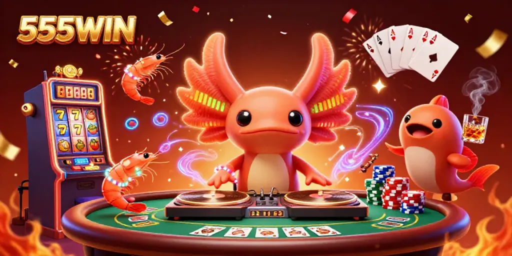 Engage in the vibrant casino atmosphere of 555WIN with neon characters, exciting games, and lively action.