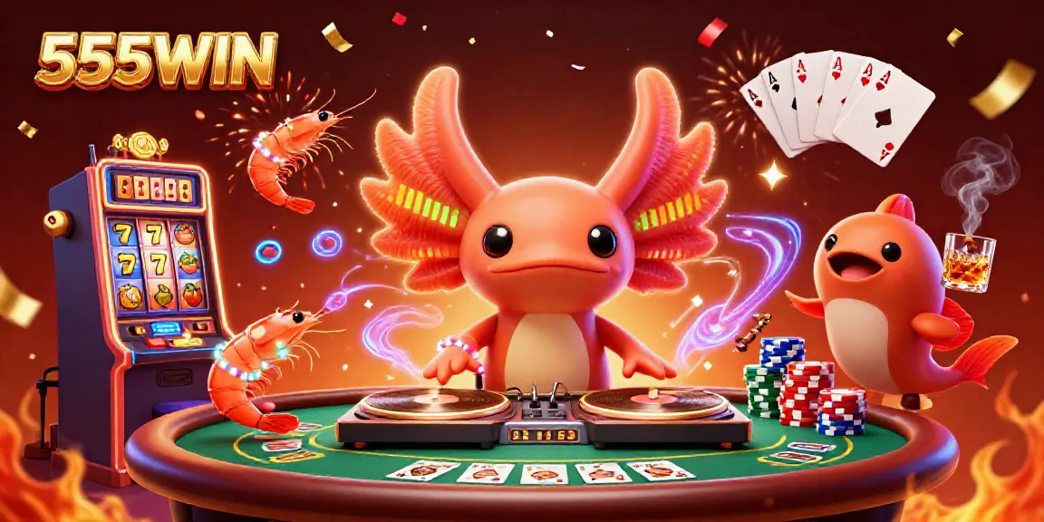 Engage in the vibrant casino atmosphere of 555WIN with neon characters, exciting games, and lively action.