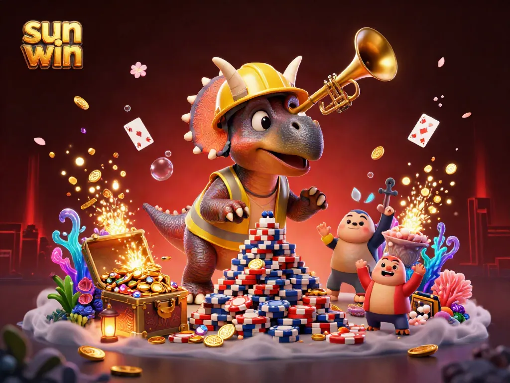 Celebrate with sun win as a triceratops builds poker chips amid dazzling casino elements.