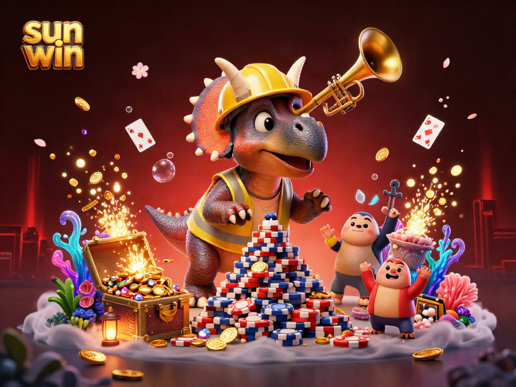 Celebrate with sun win as a triceratops builds poker chips amid dazzling casino elements.