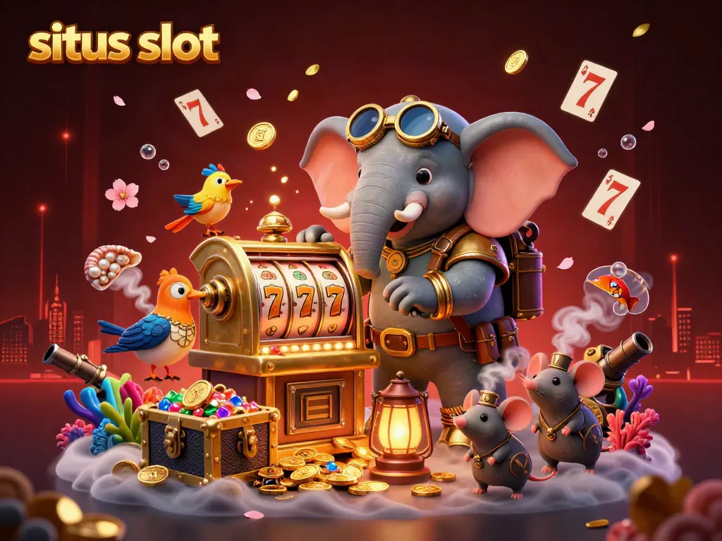 Experience thrilling situs slot action with a steampunk elephant engineer at a vibrant casino scene.