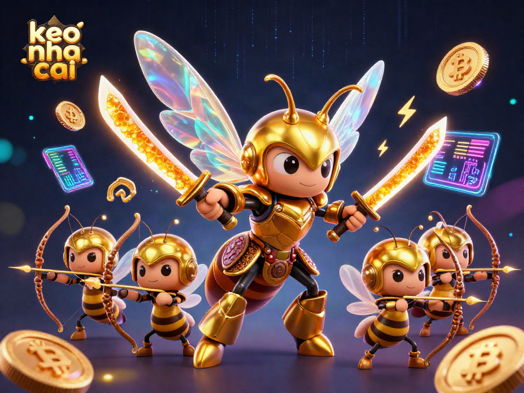 Engage in thrilling betting strategies with keo nha cai, featuring a dynamic scene of unique bee characters and cryptocurrency elements.
