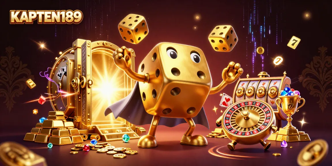 KAPTEN189 memberikan pengalaman judi yang menyenangkan dengan simbol slot dan dadu emas bersinar.
