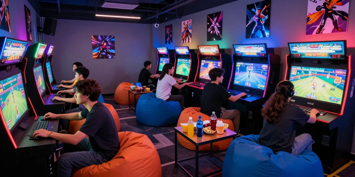 Friends enjoying multiplayer gaming at a lively hit club arcade.