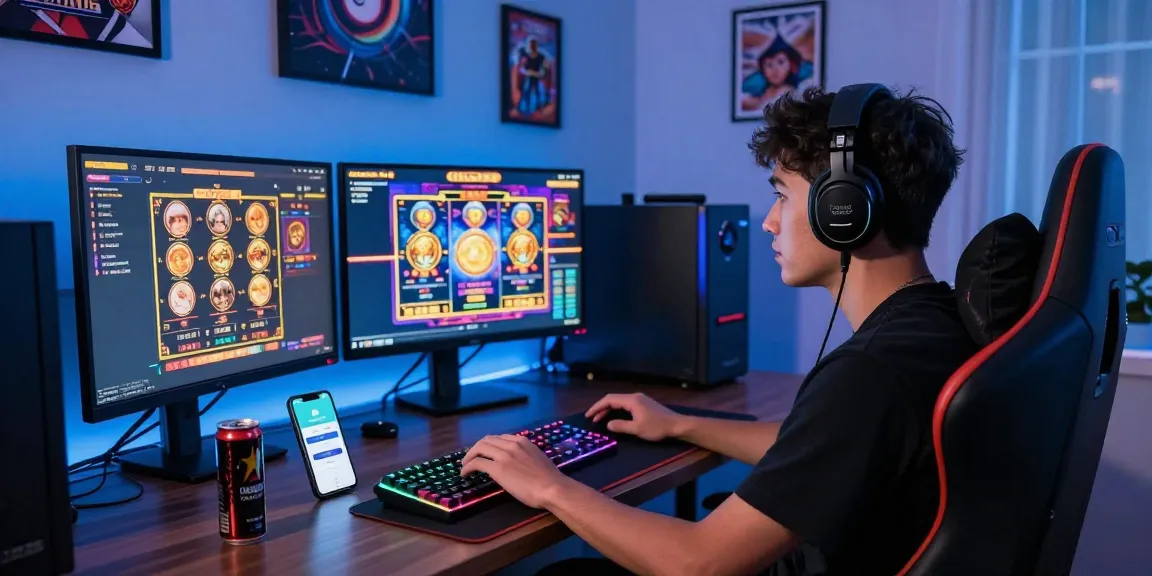 Exciting online gaming setup showcasing deposit tanpa minimal experience with multiple screens and gamer in action.