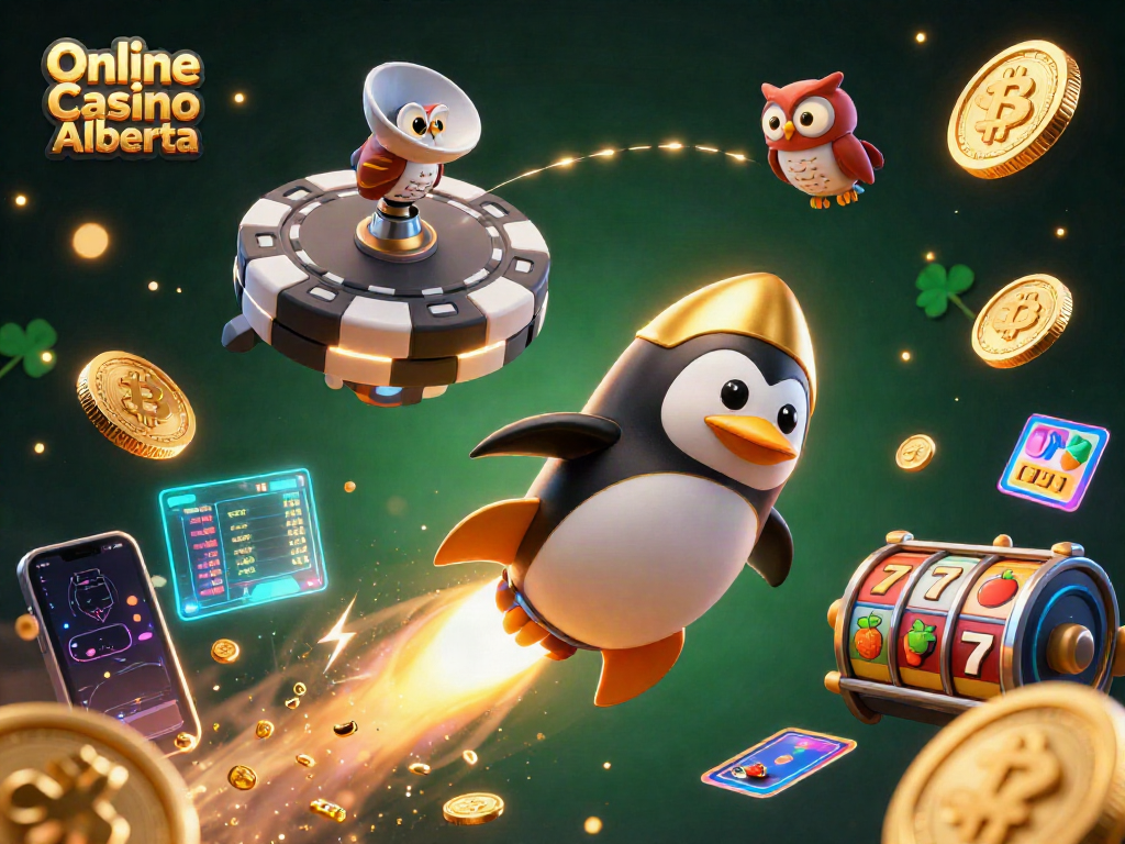 Spin and win at Online Casino Alberta with a vibrant 3D scene featuring a rocket-powered penguin, gold coins, and engaging casino elements.