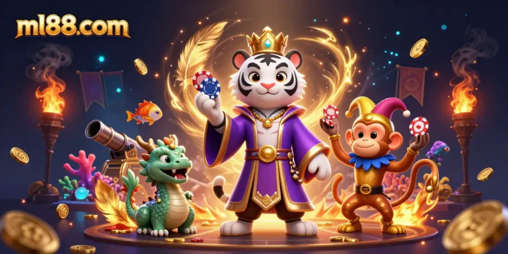 Engage with vibrant visuals at ml88 com showcasing a lively casino scene with a white tiger, monkey, and dragon.