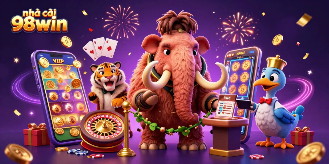 Engaging scene featuring nhà cái 98win as a colorful slot game bounces into action with vibrant characters.