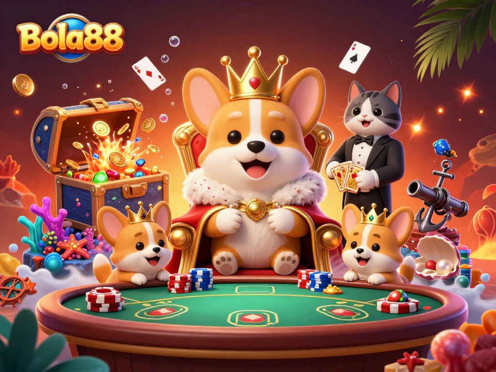 Bola88 menghadirkan suasana kasino dengan corgi kerajaan dan kartu emas, dikelilingi tumpukan chip dan efek gelembung.