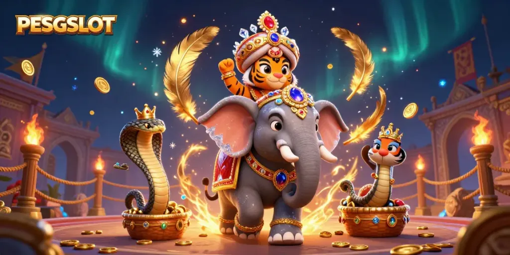 PESGSLOT menampilkan elemen kasino dengan macan maharaja dan gajah berpendant berlian.