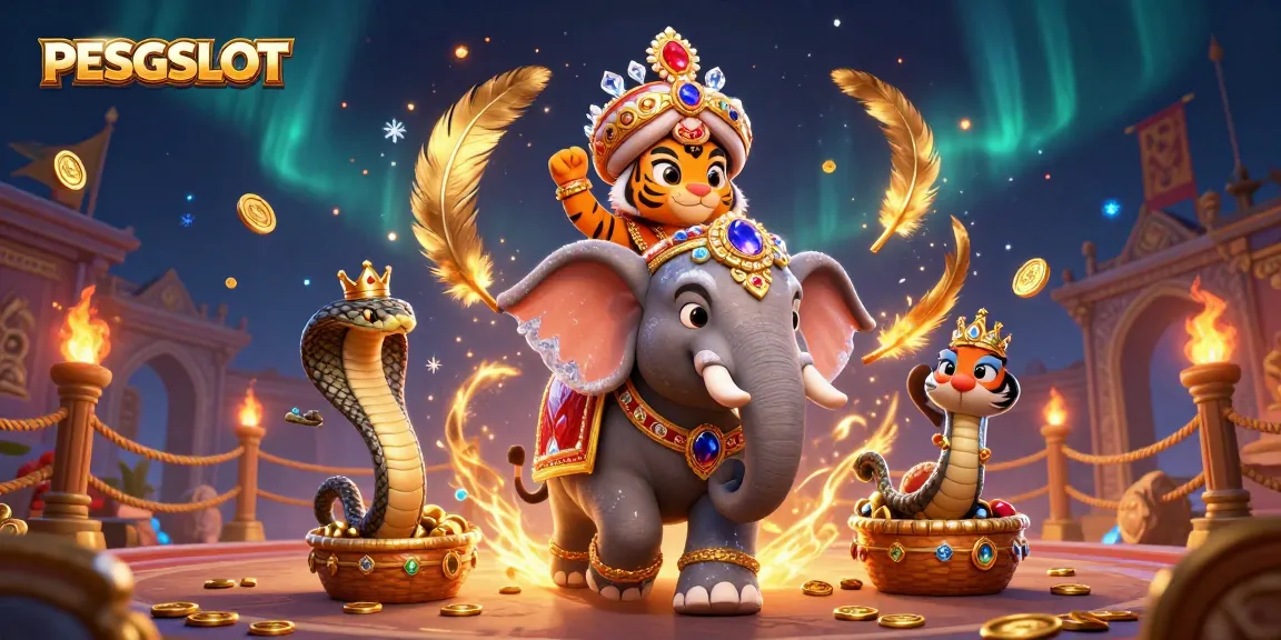PESGSLOT menampilkan elemen kasino dengan macan maharaja dan gajah berpendant berlian.