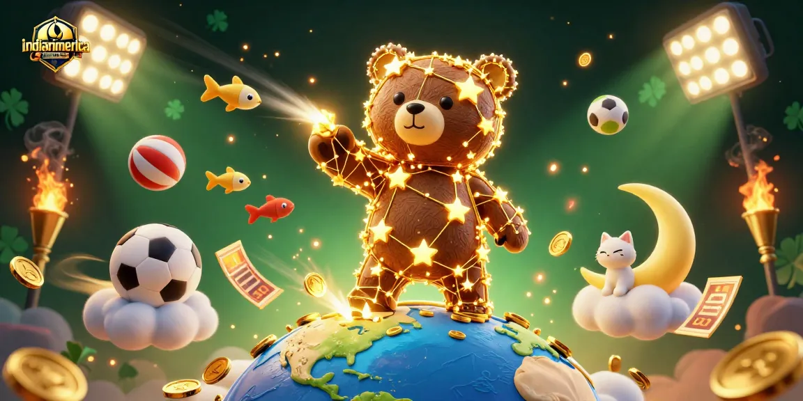Players explore exciting wins at indianiamerica with a dynamic constellation bear in a vibrant casino scene.