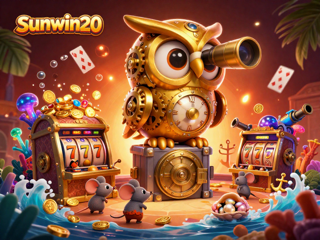Experience excitement at sunwin20 with a vibrant 3D illustration of a golden owl and animated casino elements.