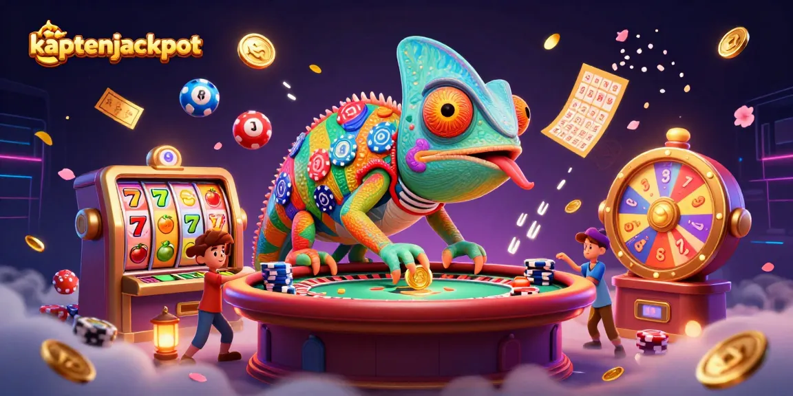 Experience kaptenjackpot's vibrant casino scene where a chameleon owner captures golden coins among swirling slot reels and lottery balls.