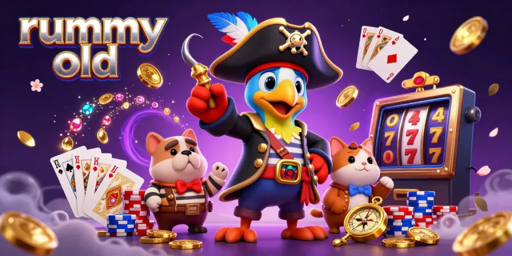 Experience the excitement of rummy old with a vibrant scene of playful characters and sparkling casino elements.