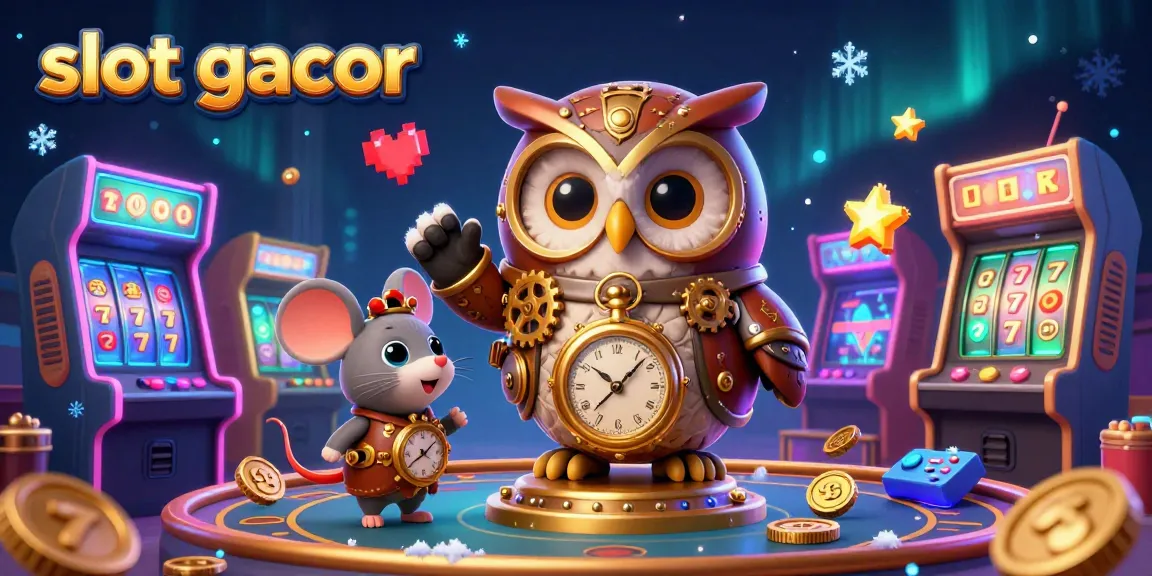Experience slot gacor excitement as a time-traveling owl and clockwork mouse explore a dynamic casino scene filled with bright game elements.