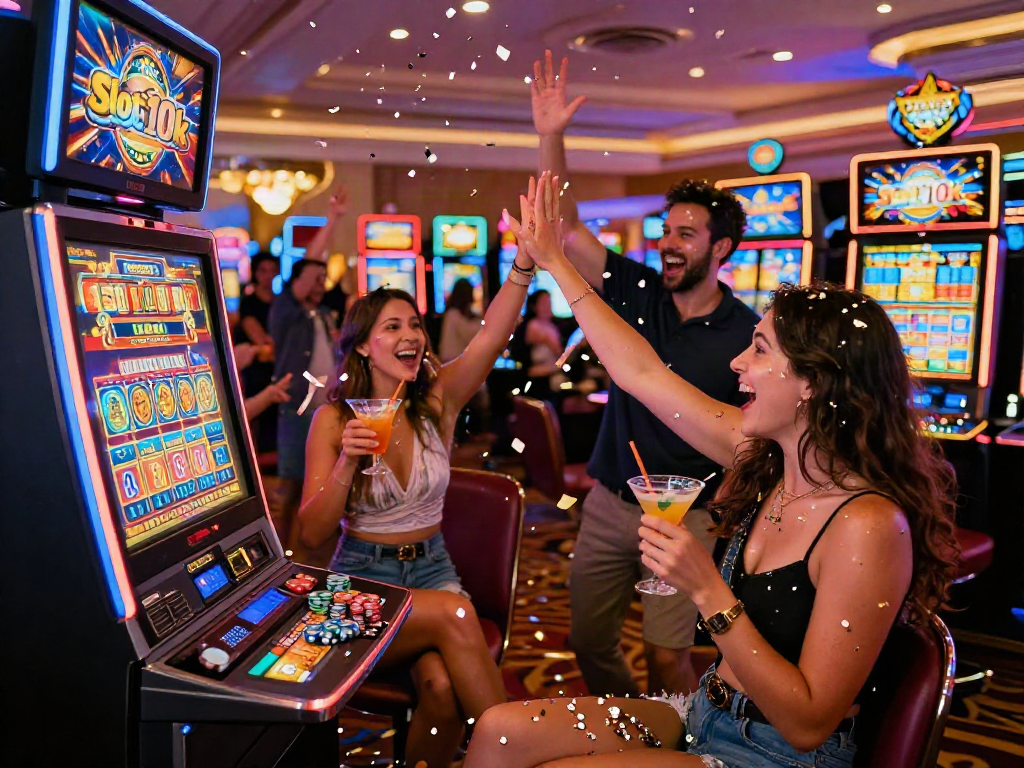 Celebration at Slot 10k jackpot win in Las Vegas casino, vibrant colors and excitement.