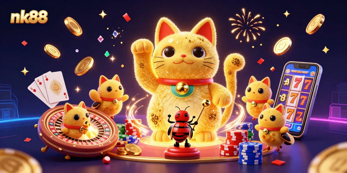 Engage with vibrant nk88 visuals, showcasing a lucky cat and casino elements in a dynamic celebration.