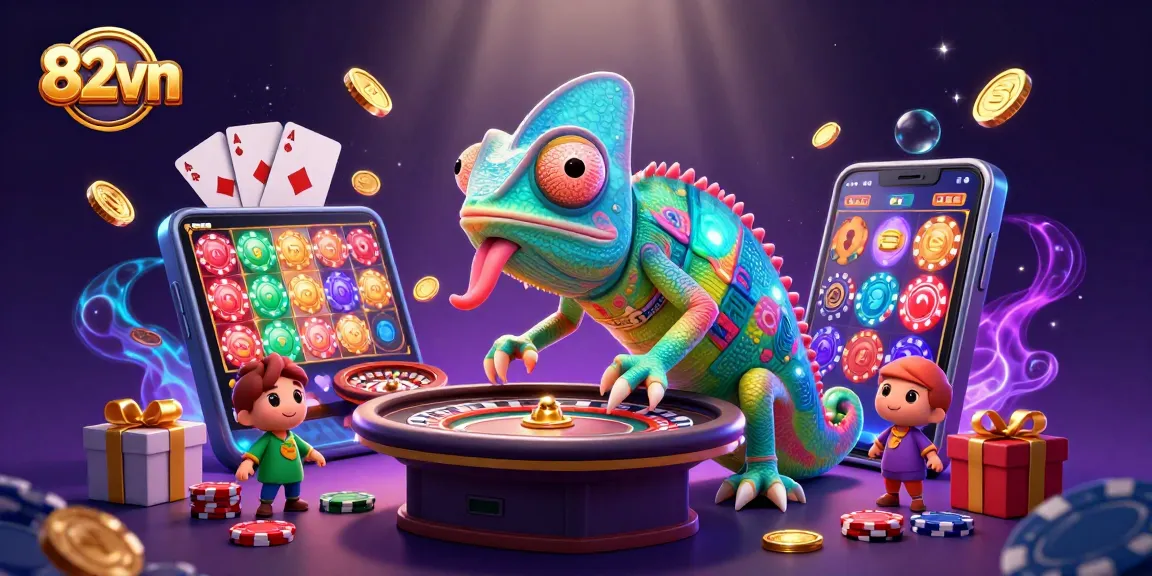 Engage in thrilling gameplay with 82vn's vibrant 3D casino illustration featuring lively characters and game elements.