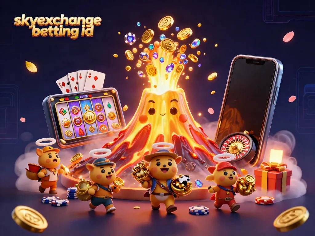 Experience thrilling chances with Sky Exchange betting ID as vibrant casino elements erupt from a golden volcano.