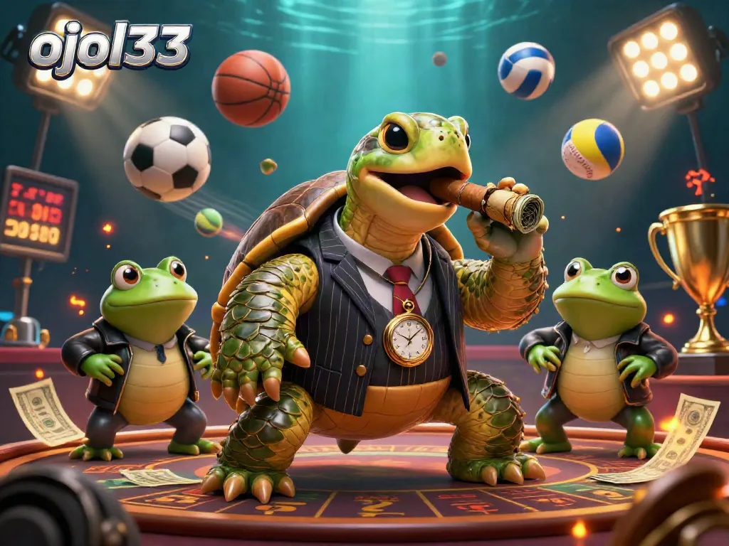 Experience action-packed gambling with ojol333 in a vibrant casino scene featuring a mobster turtle and dynamic sports elements.