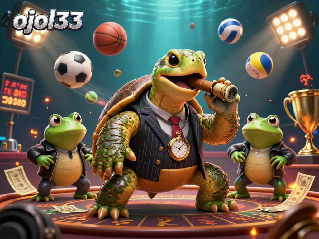 Experience action-packed gambling with ojol333 in a vibrant casino scene featuring a mobster turtle and dynamic sports elements.
