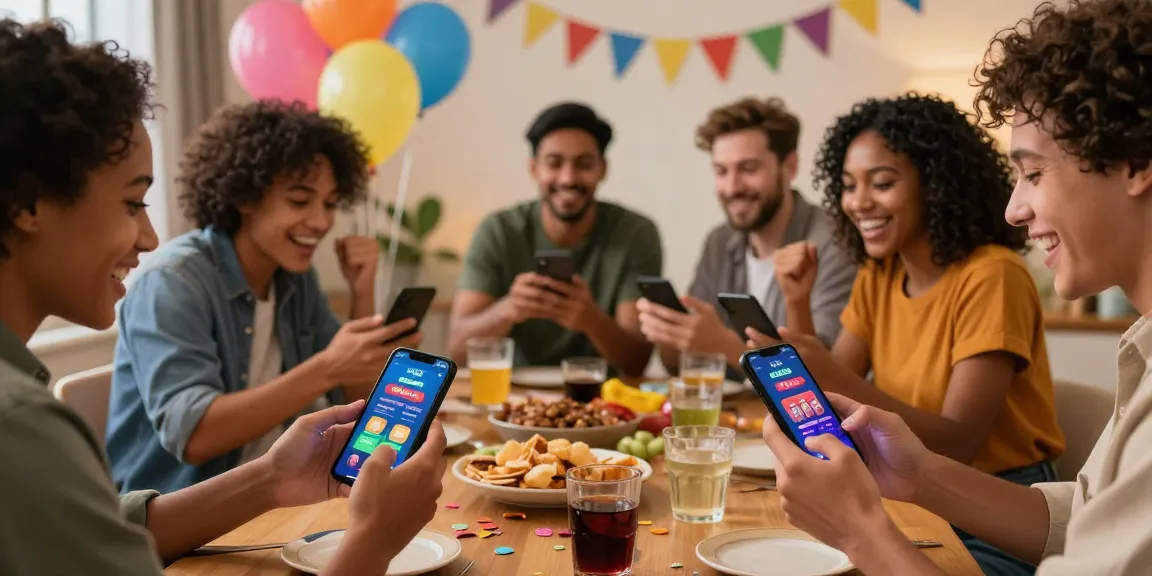 Friends enjoying the KO66 app during a celebration, showcasing excitement and engagement.