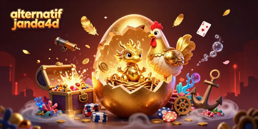 Gambarkan alternatif janda4d dengan naga bayi emas dan chip poker di latar belakang yang megah.