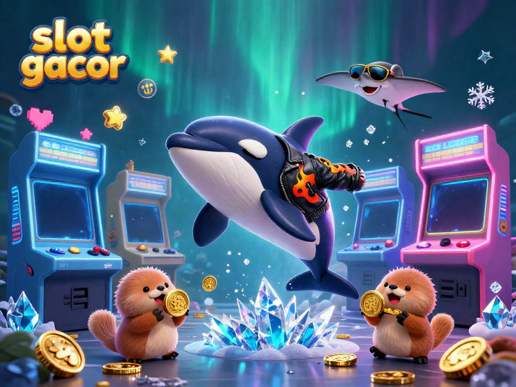 Permainan slot gacor dengan karakter orca, pari, dan berang-berang berisi koin emas dalam ilustrasi 3D.