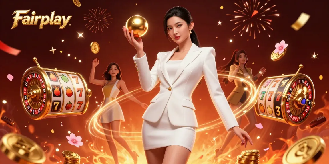 Experience Fairplay in an ultra-detailed casino scene featuring a confident woman with a roulette ball and slot elements.