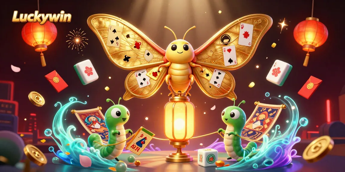Experience thrilling gaming with Luckywin's vibrant casino illustration featuring card suits and golden symbols.