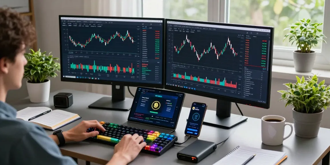 Play exchange with cryptocurrency trading setup showing real-time blockchain data analysis in a modern office environment.