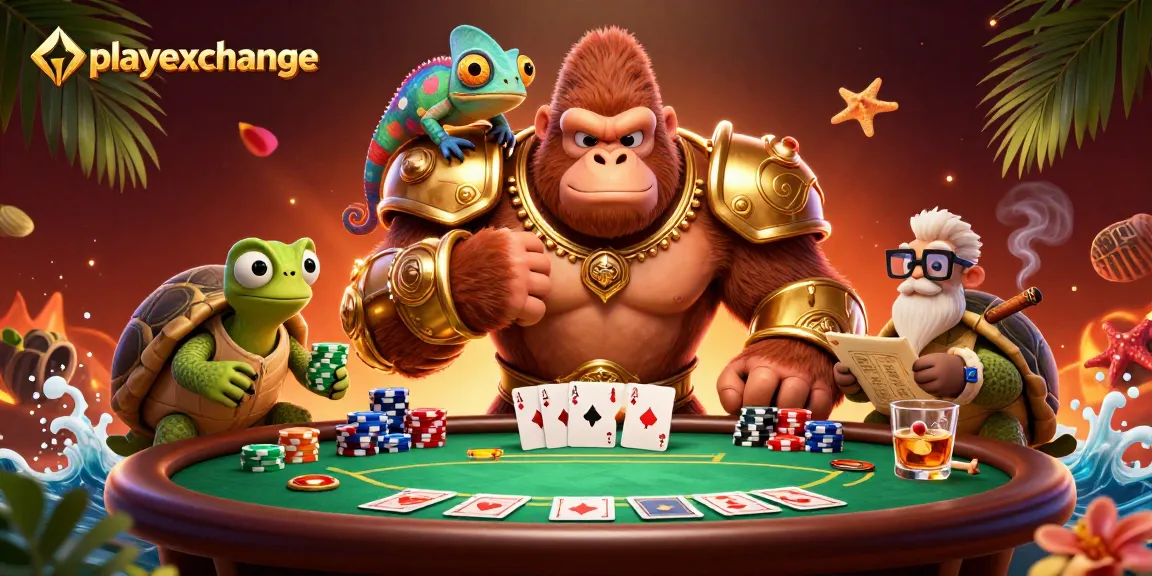 Engage in thrilling poker action with playexchange featuring a gorilla king and his companions.