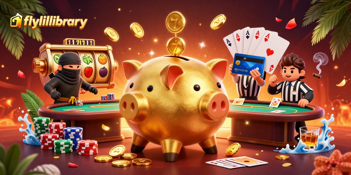 Grafik 3D menarik dari flylillibrary menampilkan karakter kasino dengan slot dan koin emas yang bertebaran.